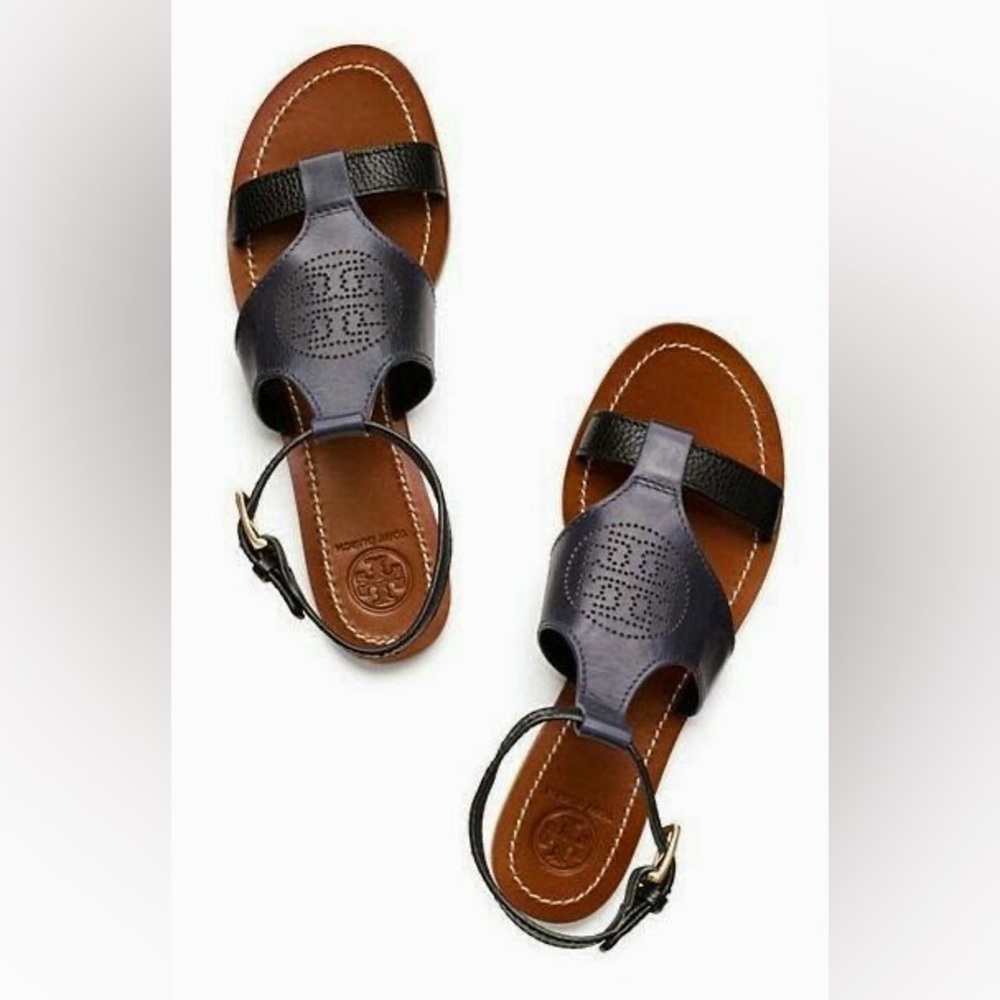 Tory Burch Black Leather Gladiator Ankle Strap Flats Sandals